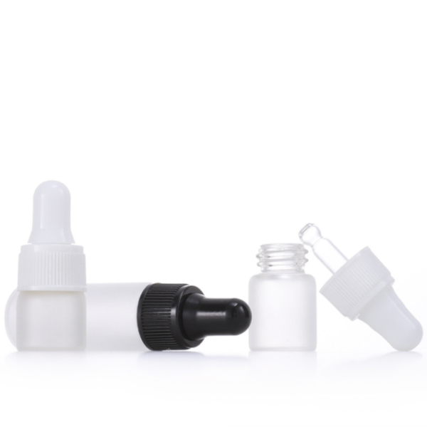 ขายส่ง Frosted Glass Dropper ขวด 1ml 2ml 3ml 5ml พร้อมหมวกสีดำสีขาวสำหรับน้ำมันหอมระเหยเครื่องสำอางตัวอย่าง