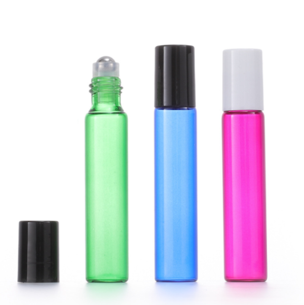 Botellas de rodillo de vidrio vacías de 10 ml de 0,3 oz de color rosa intenso con bolas de rodillo de acero inoxidable y tapa negra, soporte para perfume de aceite esencial, recipiente recargable portátil para viajes, vida diaria