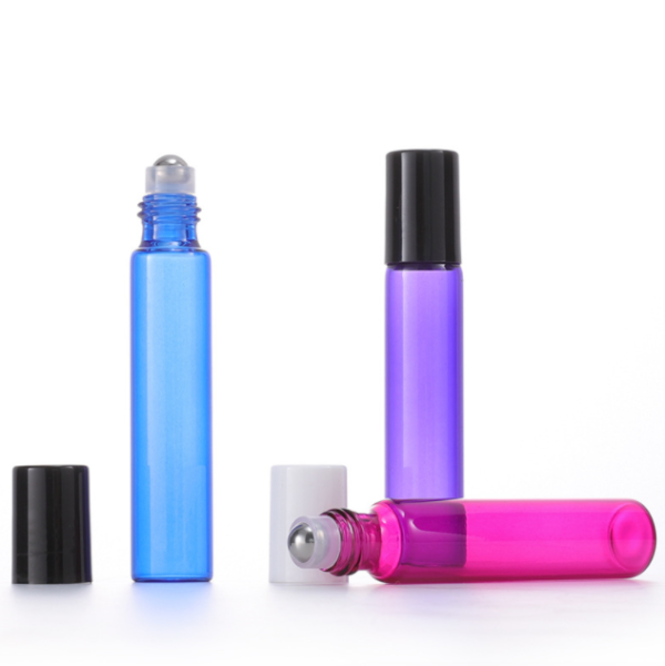 Wholesale Colorful Glass Roller Bottles Metal Ball Frangance Essence Tube with Black Lids